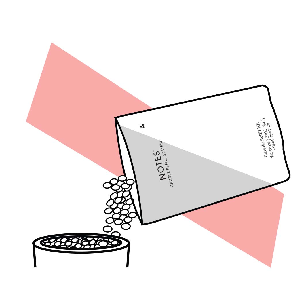 Step Two: Fill. Fill the Starter Glass with entire contents of the Candle Refill Kit.