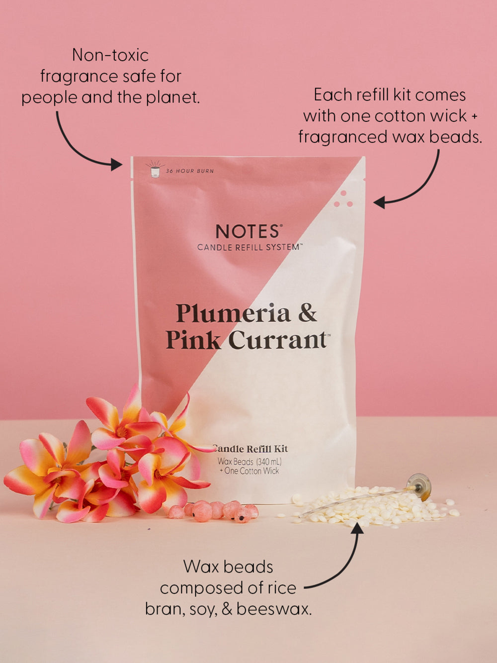 NOTES Sustainable Candle Kit | Non-Toxic Fragrance, Natural Wax Beads,  Wick, and a refillable Vessel - Plumeria & Pink Currant + Mandarin & Sweet